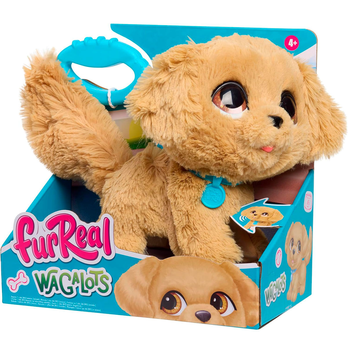Un perro de peluche dorado con collar y correa azules está en una caja azul.