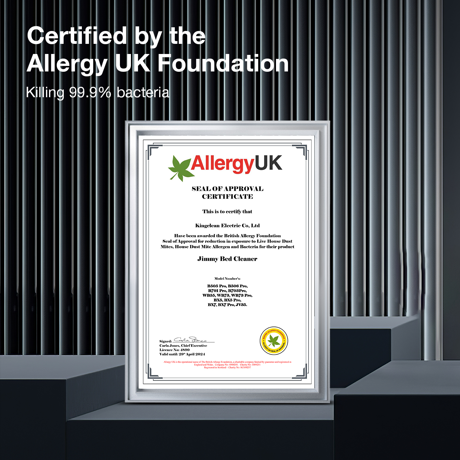 Certificado de Allergy UK Foundation para el Jimmy Bed Cleaner, que mata el 99,9% de las bacterias.