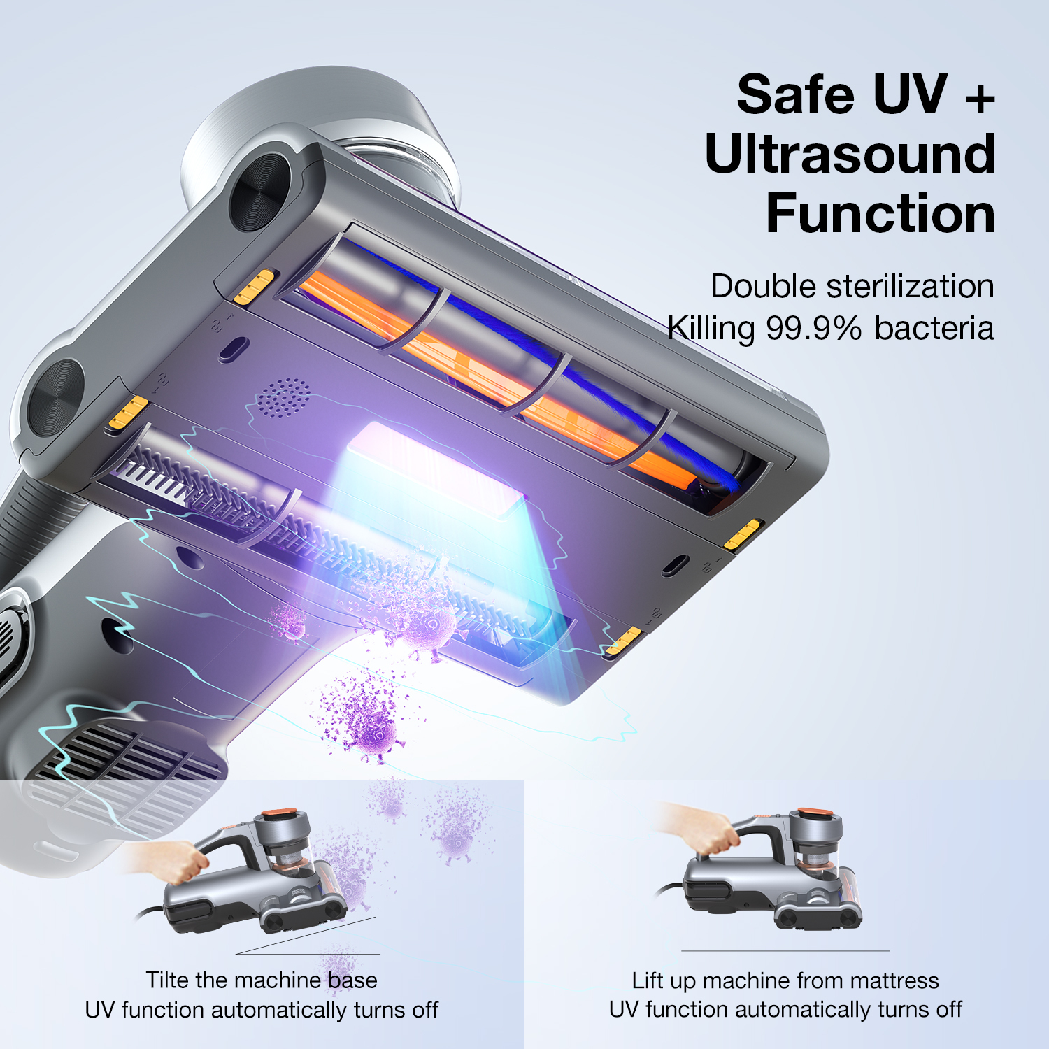 Aspiradora gris con luz UV y ultrasonido. Muestra destrucción de bacterias y funciones de apagado.