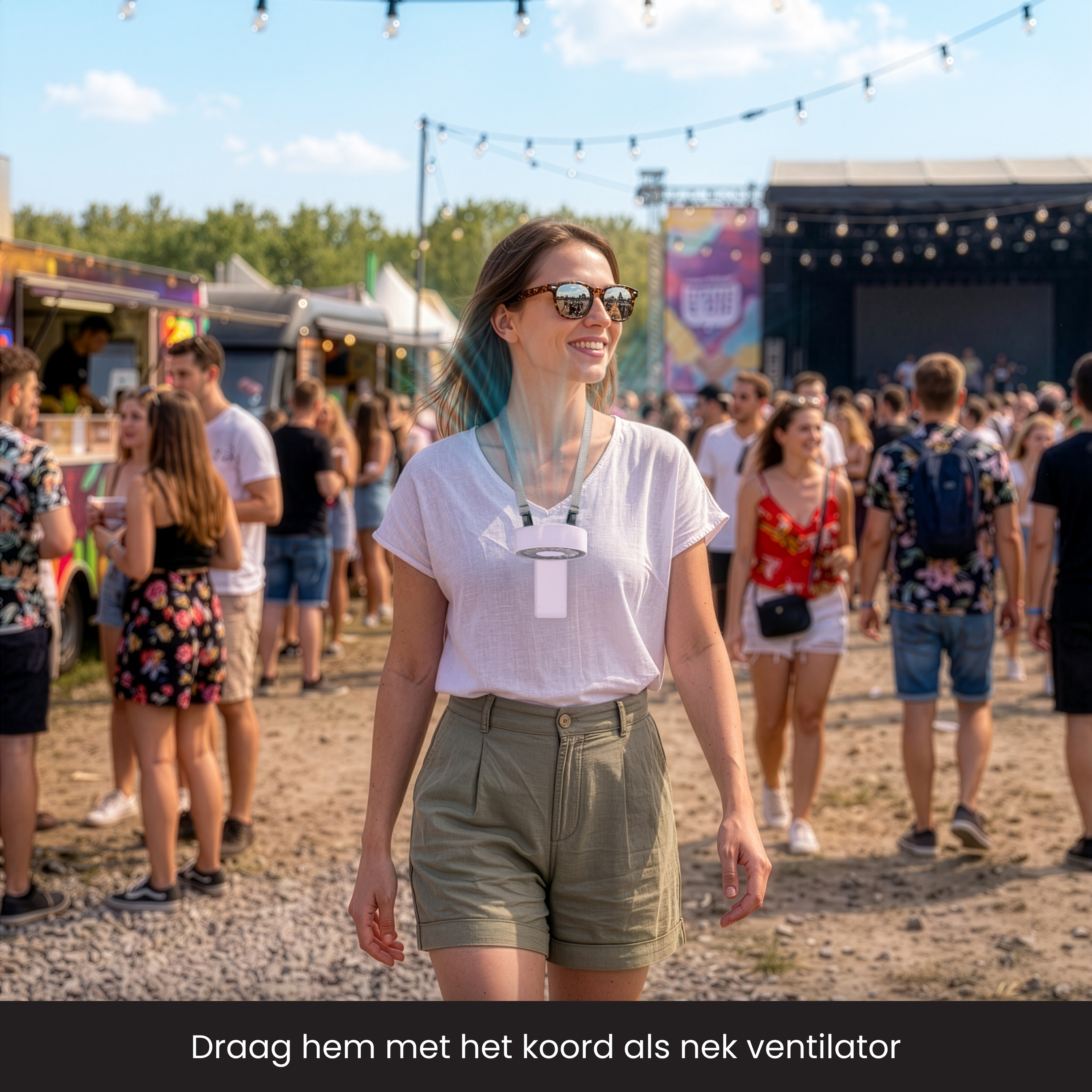 Eine Frau mit einem Halsventilator geht durch eine Menge bei einem Festival.