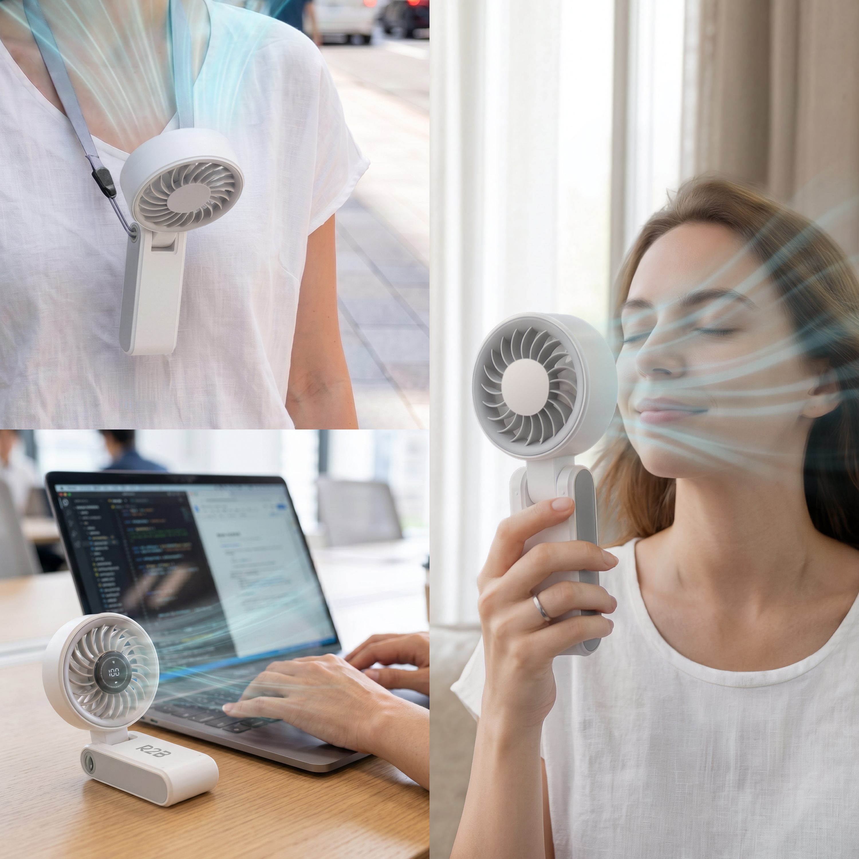 Ein tragbarer Ventilator am Hals, ein Ventilator in der Hand, ein Ventilator auf einem Schreibtisch.