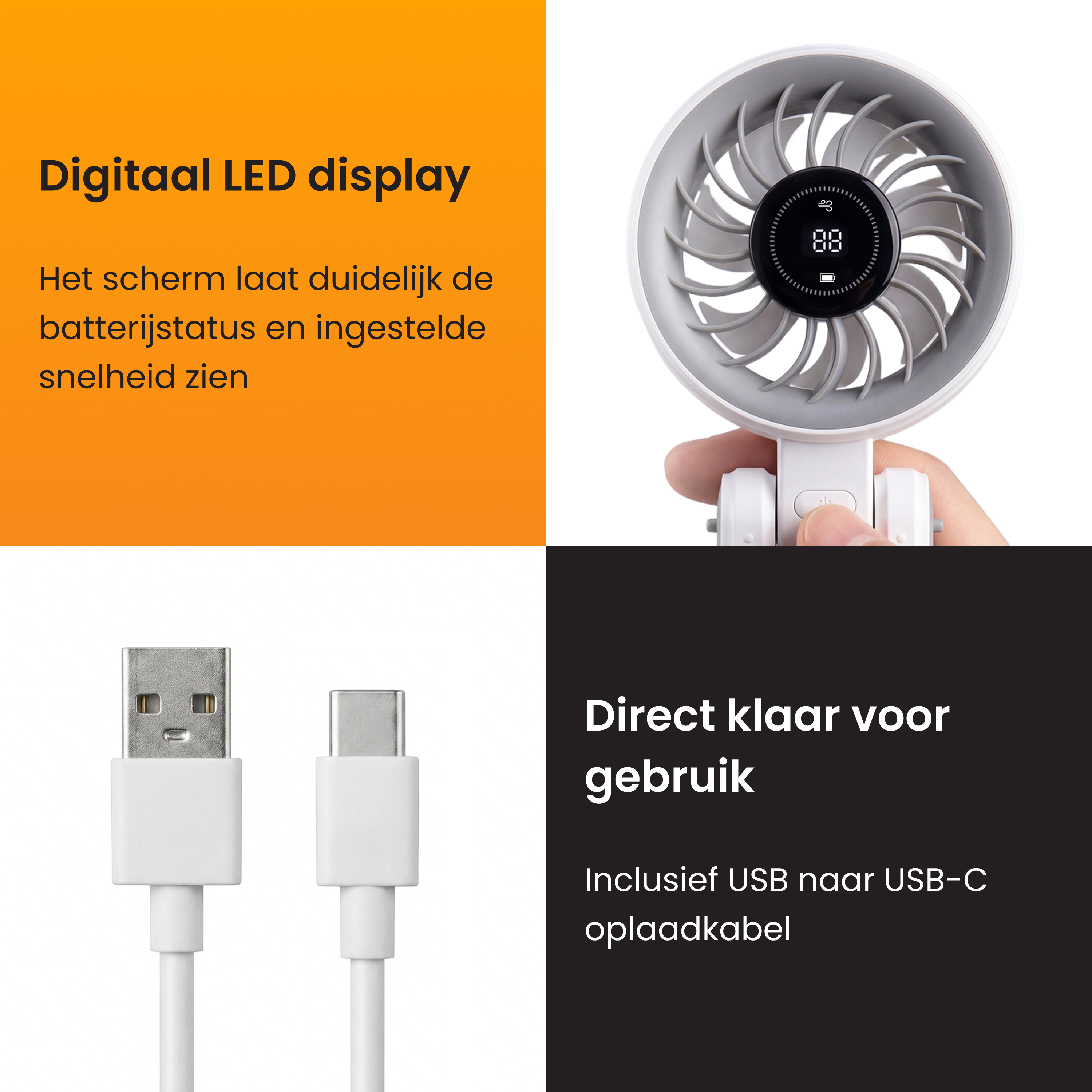 Ein tragbarer Lüfter mit digitalem Display und USB-C-Kabel, bereit zur Verwendung.