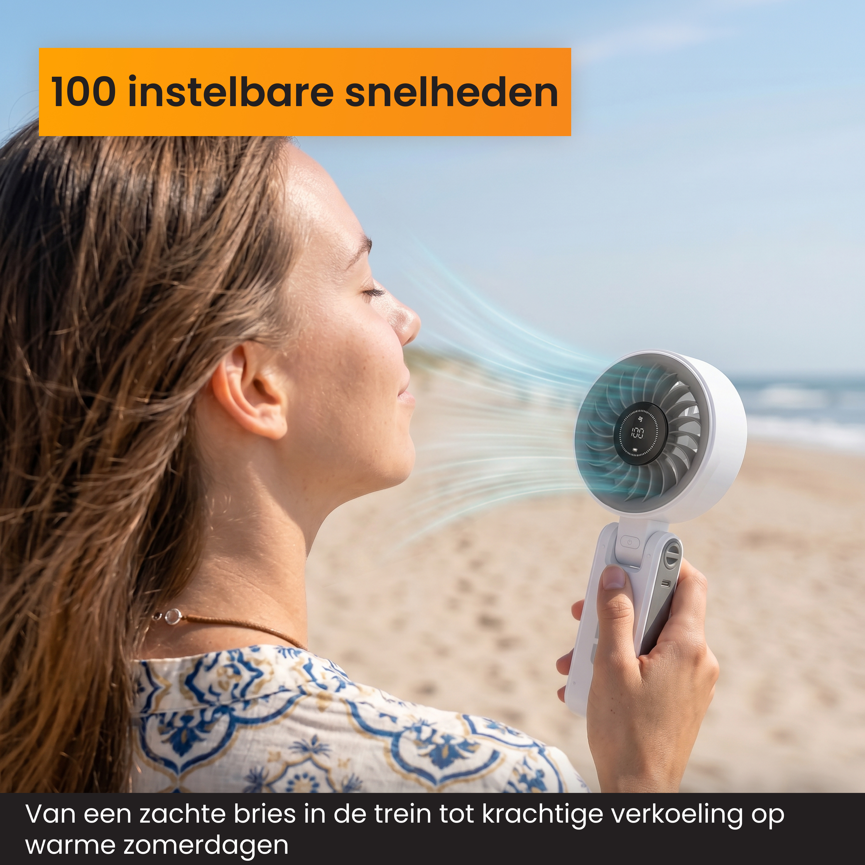 Eine Frau genießt kühle Luft von einem Ventilator am Strand. 100 Geschwindigkeiten.