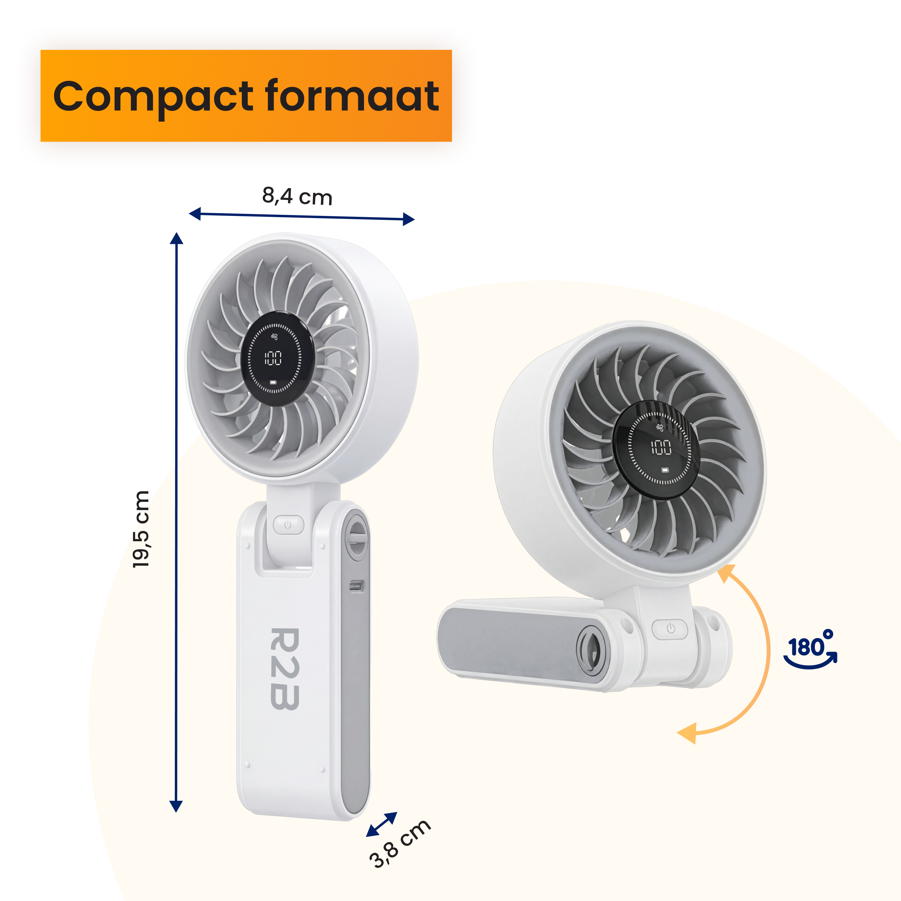 Ein weißer, tragbarer Ventilator mit digitalen Anzeigen und Maßen.