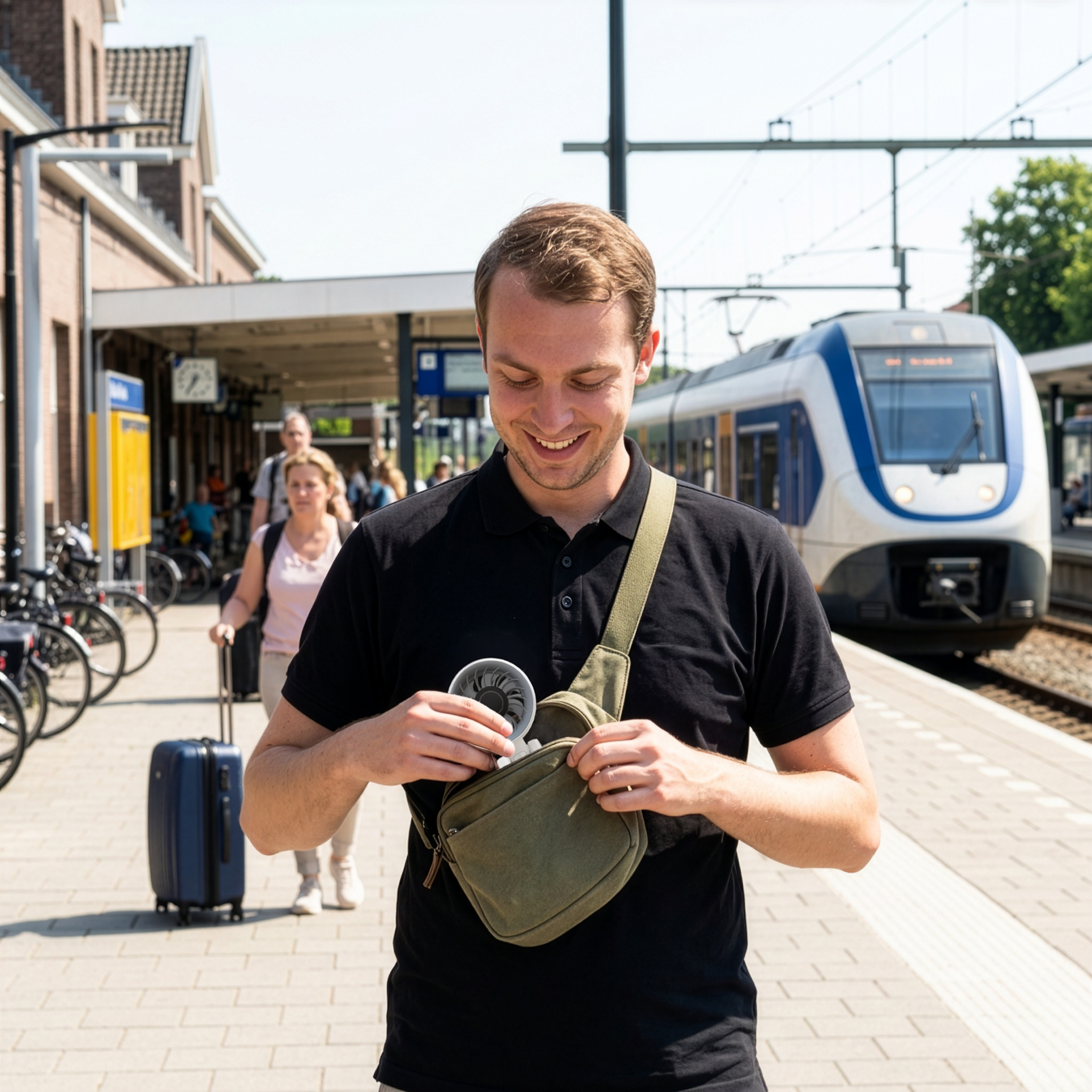 Mann auf einem Bahnsteig mit einem kleinen Ventilator in einer Tasche.