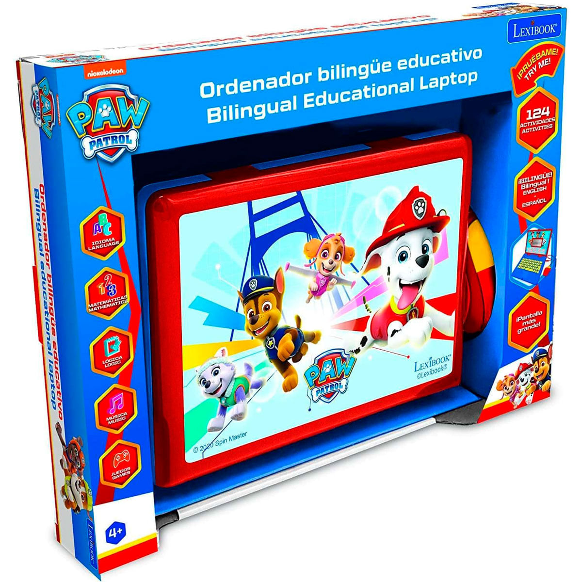 Un portátil educativo bilingüe de Paw Patrol en su caja, con los personajes Chase, Marshall, Skye y Everest.