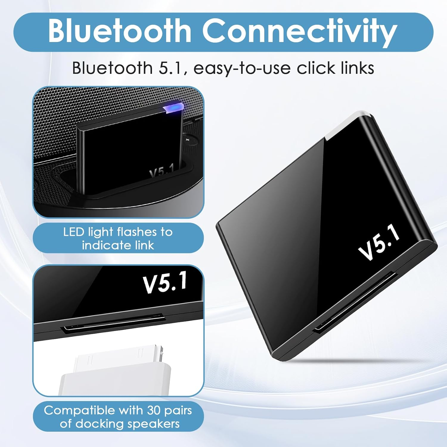 Schwarzer Bluetooth 5.1-Adapter mit LED-Licht, der mit Docking-Lautsprechern kompatibel ist.