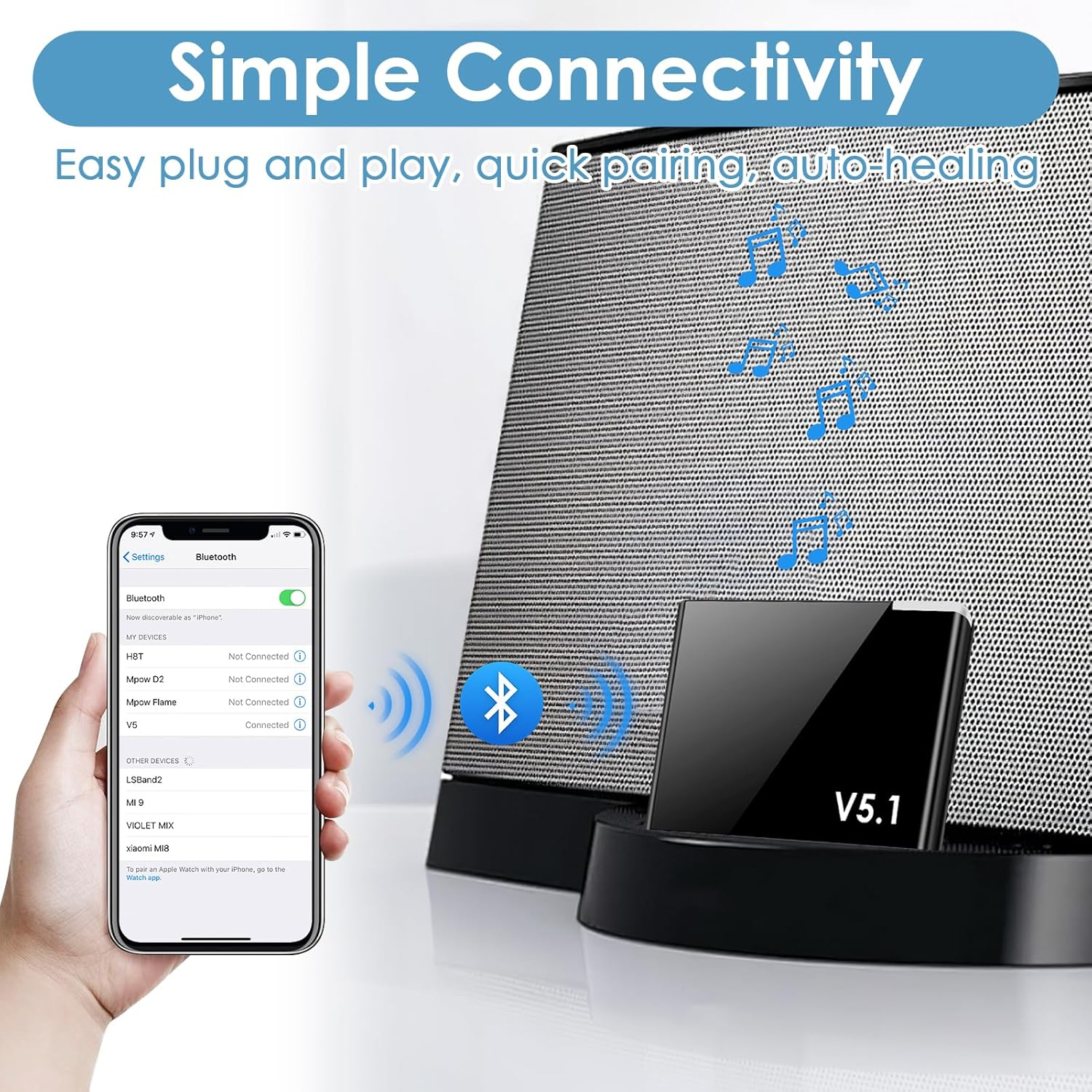 Ein iPhone zeigt Bluetooth-Einstellungen, daneben ein Lautsprecher mit einem V5.1-Gerät.