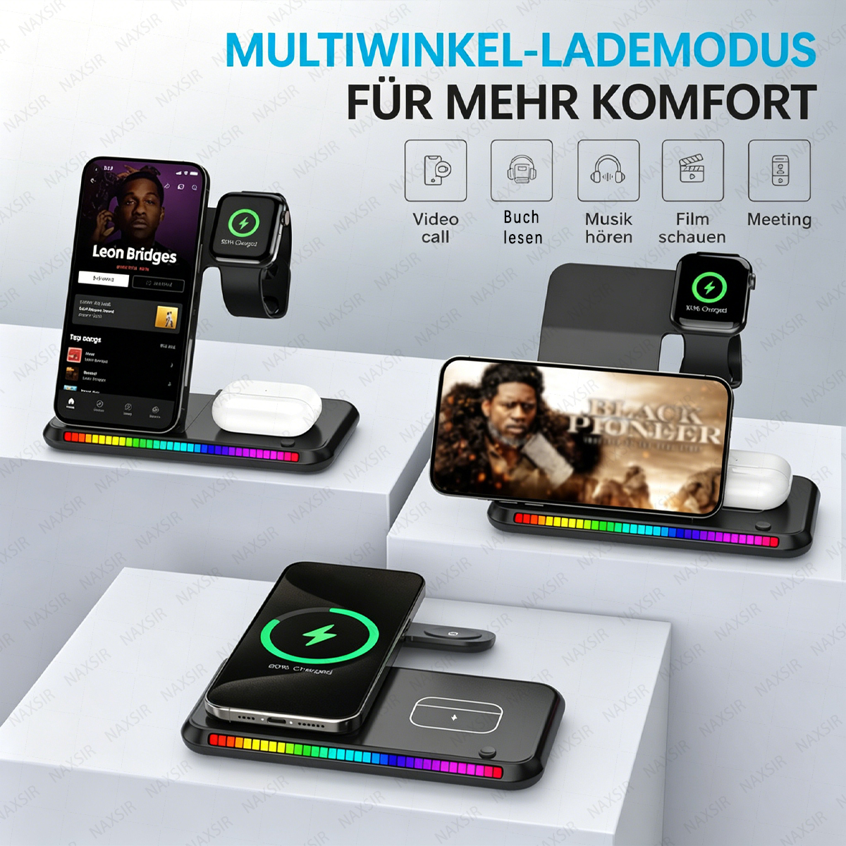Mehrere Ladestationen laden Smartphones, Uhren und Kopfhörer mit farbiger LED-Beleuchtung.