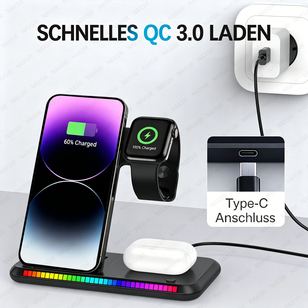 Ein kabelloses Ladegerät für mehrere Geräte mit Handy, Uhr und Ohrhörern. Bunte LED-Basis.