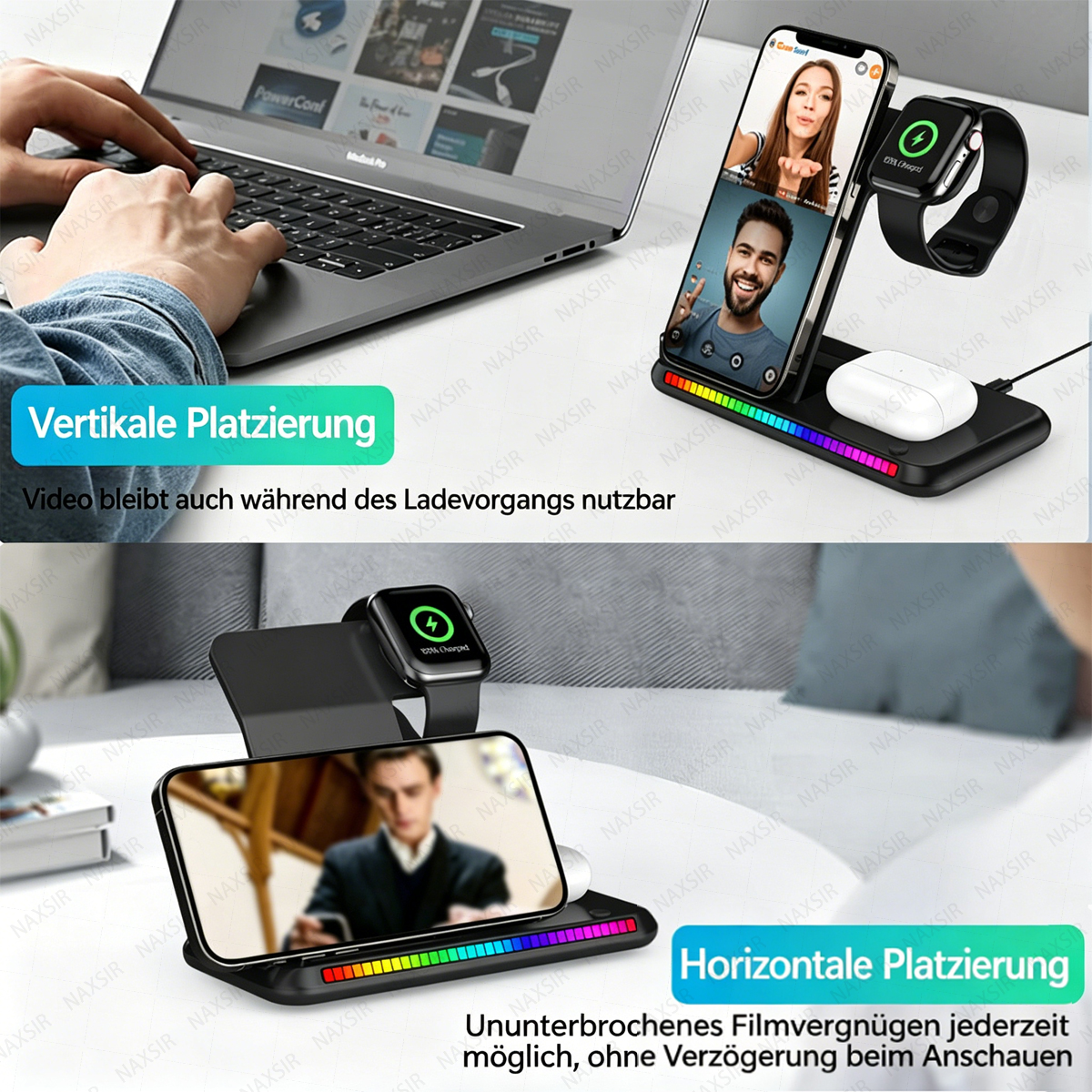 Ein Lade-Ständer mit Handy, Uhr, Kopfhörern und Regenbogen-Licht.