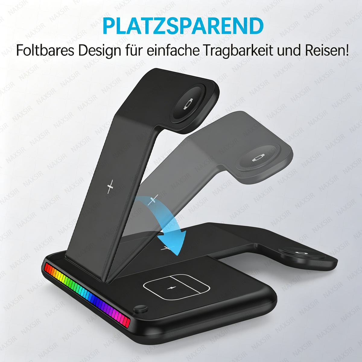 Schwarzes, faltbares 3-in-1-Ladegerät mit RGB-Beleuchtung.