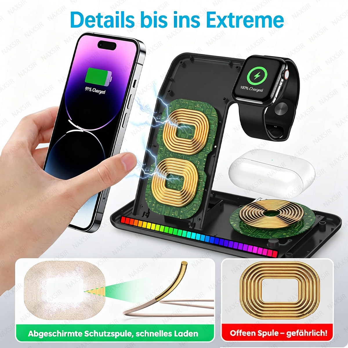 Kabelloses Ladegerät mit iPhone, Apple Watch und Ohrhörern.