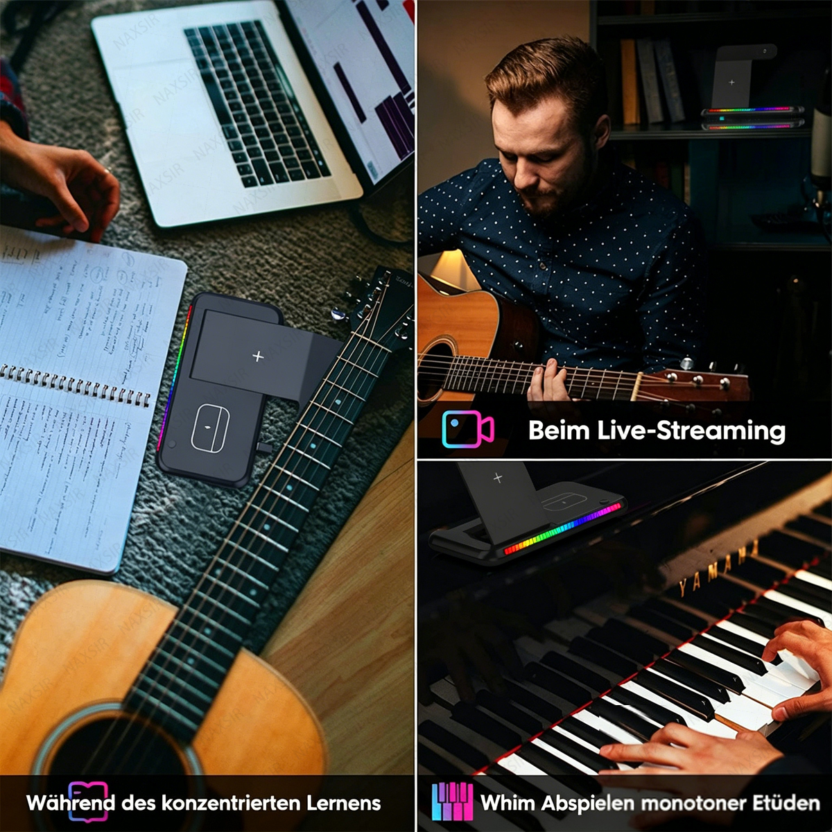 Collage zeigt Gitarre, Laptop, Klavier und Mann beim Live-Streaming.