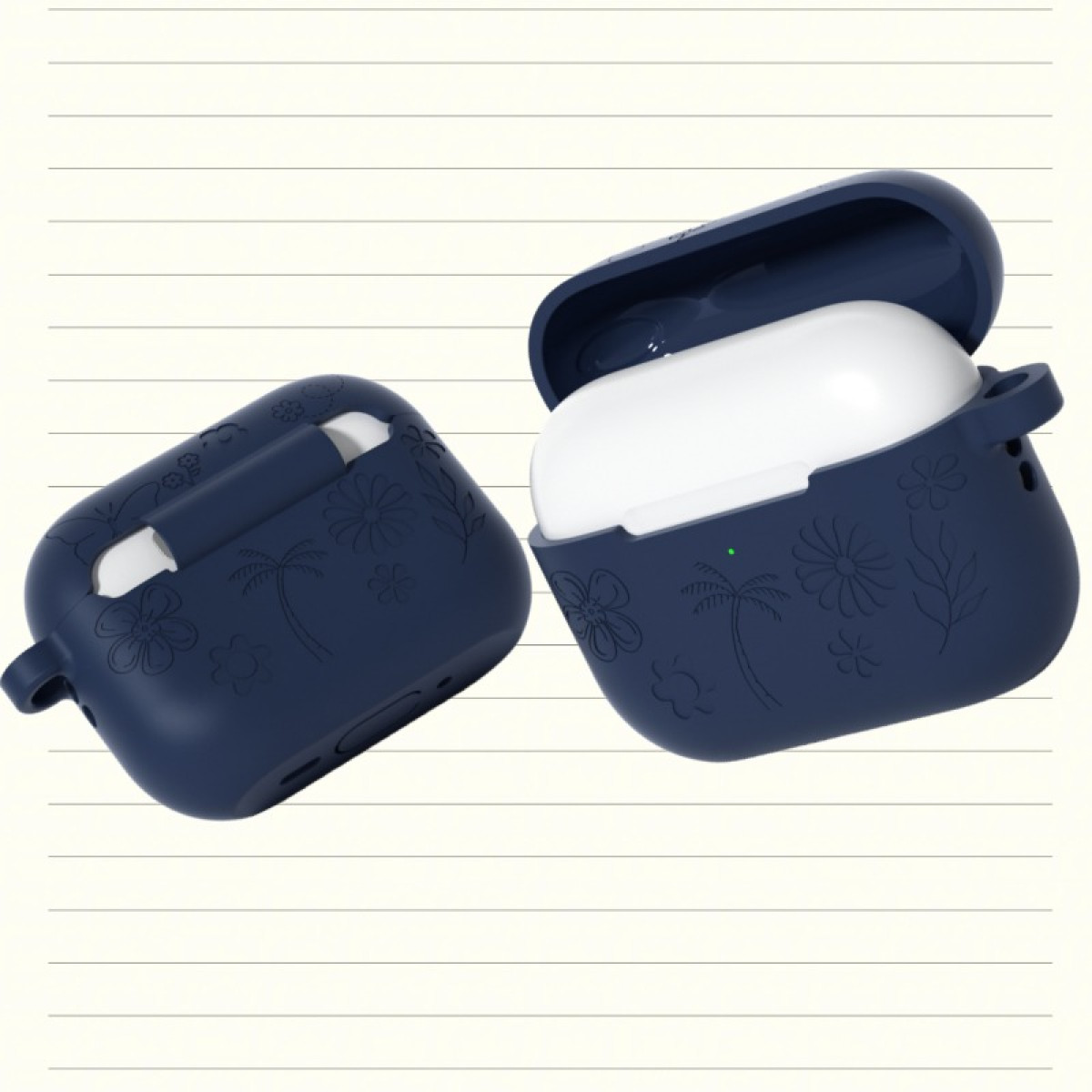 Zwei marineblaue AirPods-Hüllen mit Blumen- und Palmenmotiven auf linierter Rückseite.