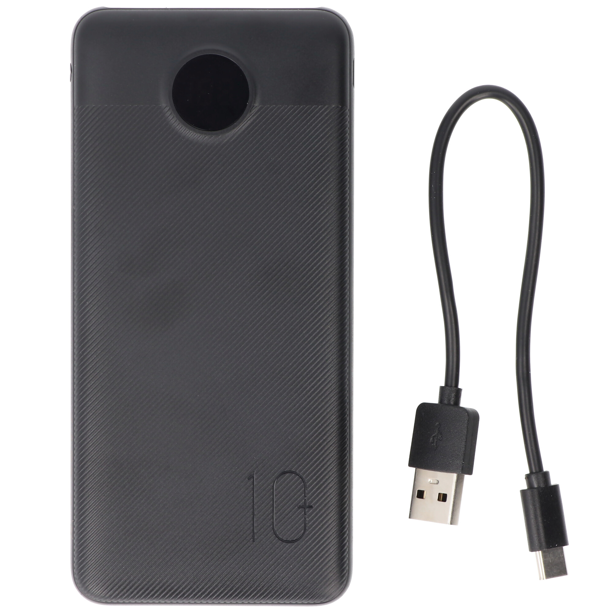 Schwarzes Powerbank-Gerät mit einem schwarzen Ladekabel, das daneben liegt.
