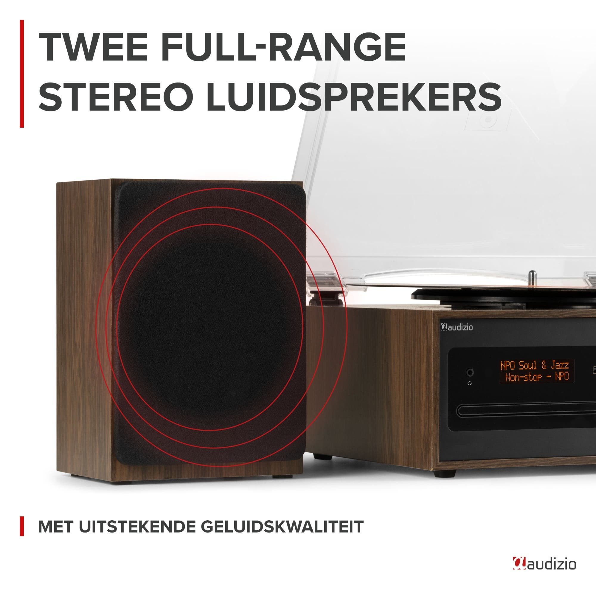 Enceintes en bois avec platine vinyle et écran d'affichage.