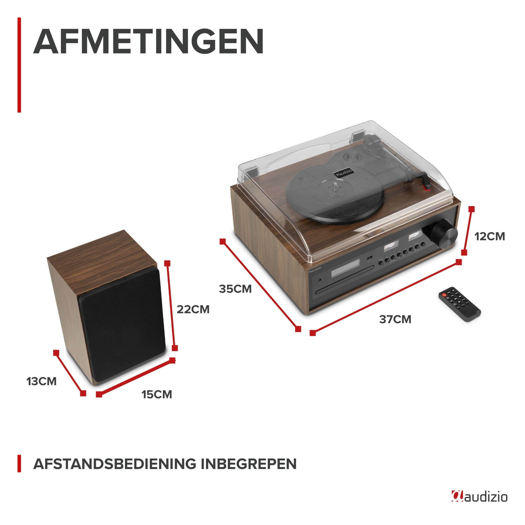 Platine vinyle avec enceinte et télécommande, dimensions indiquées.