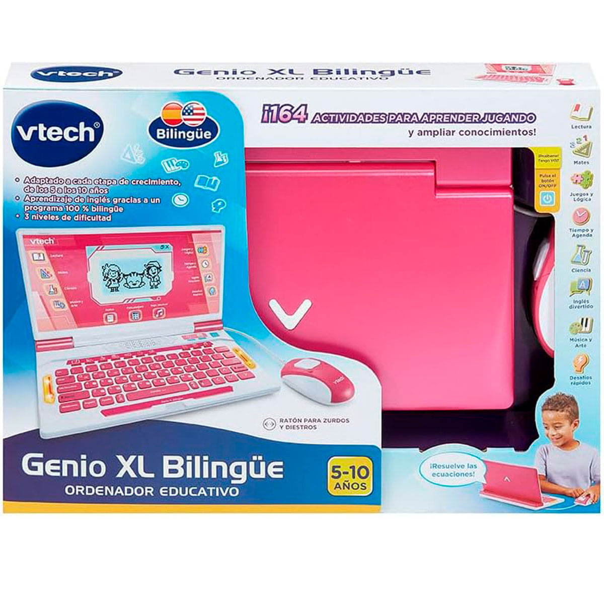 Un portátil de aprendizaje Vtech Genio XL Bilingüe rosa con ratón.