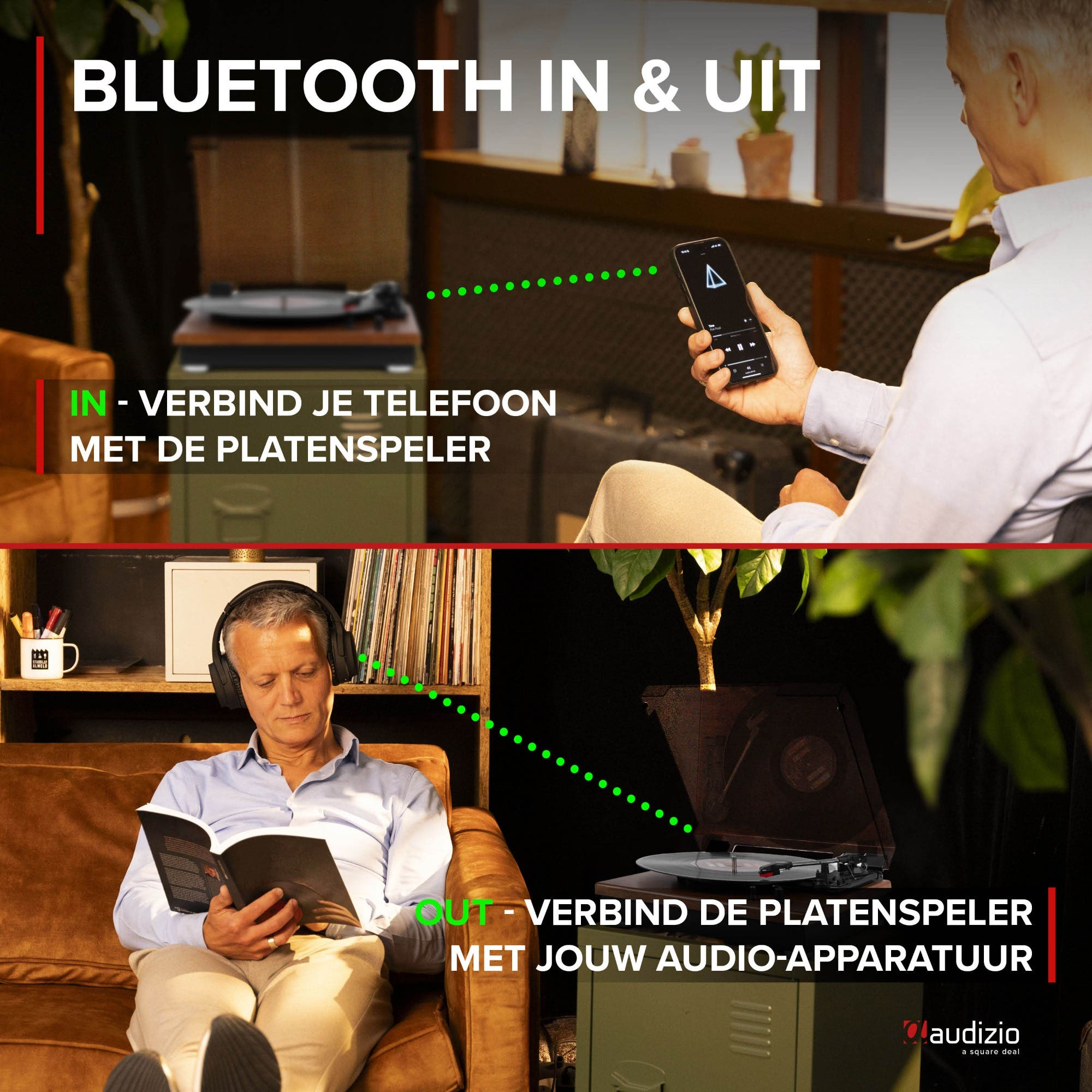 Man connects phone to record player (top) and reads book (bottom).