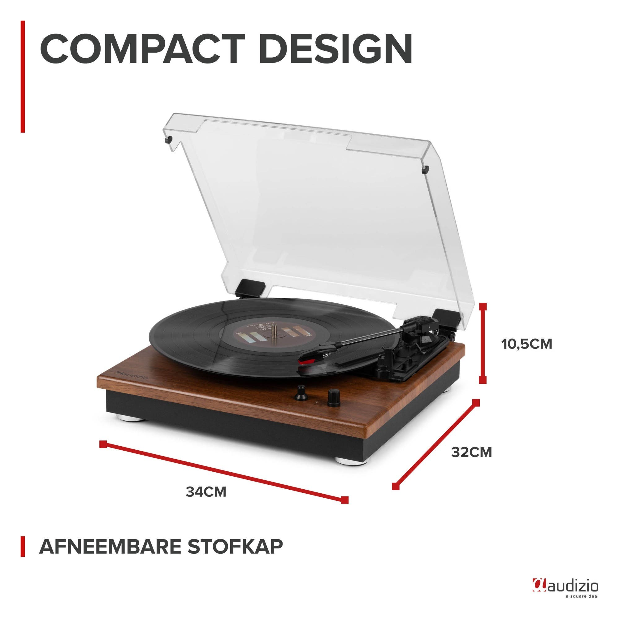 A wooden record player with a vinyl record and a clear dust cover.
