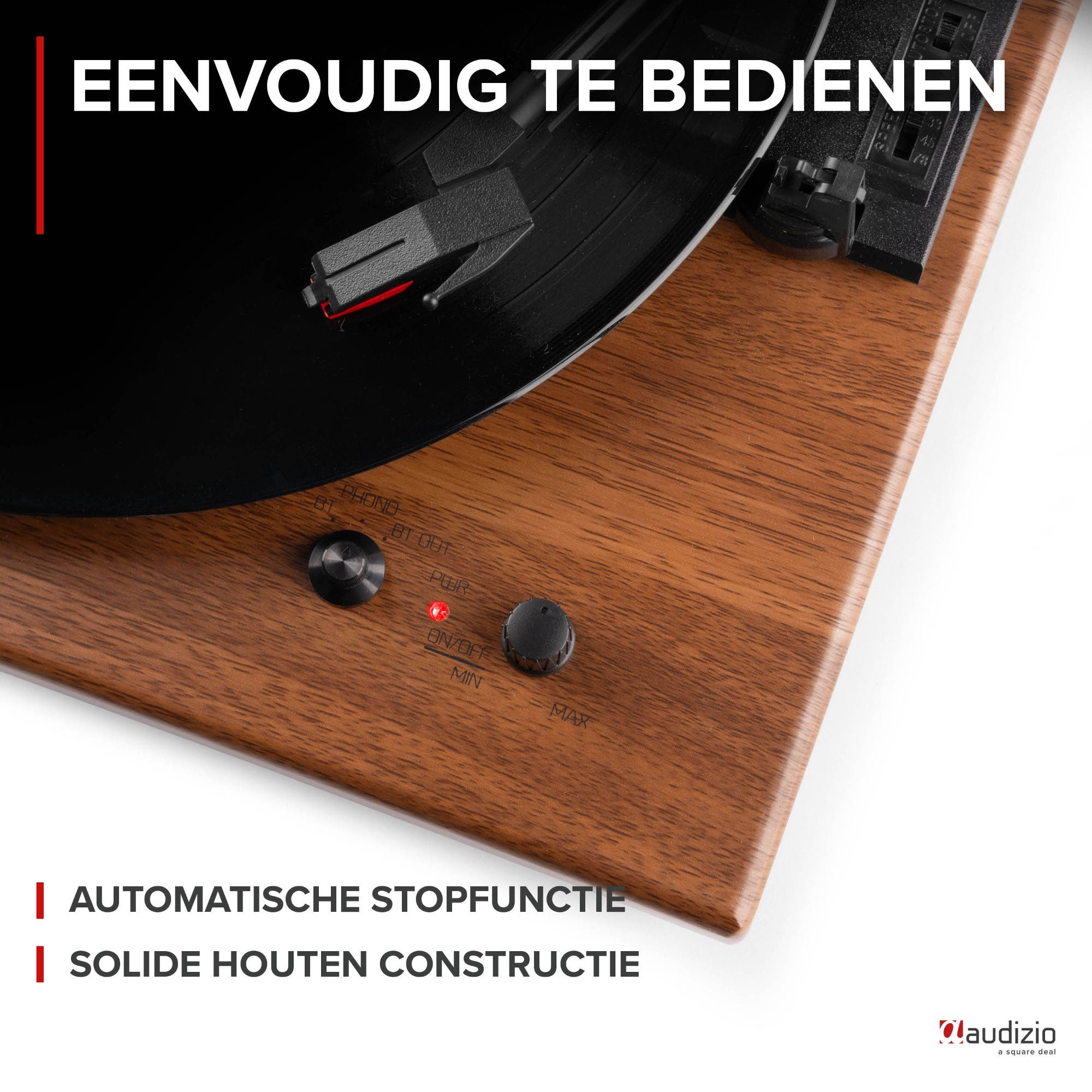 Turntable with wooden housing, tonearm, knobs, and 'Easy to operate' text.