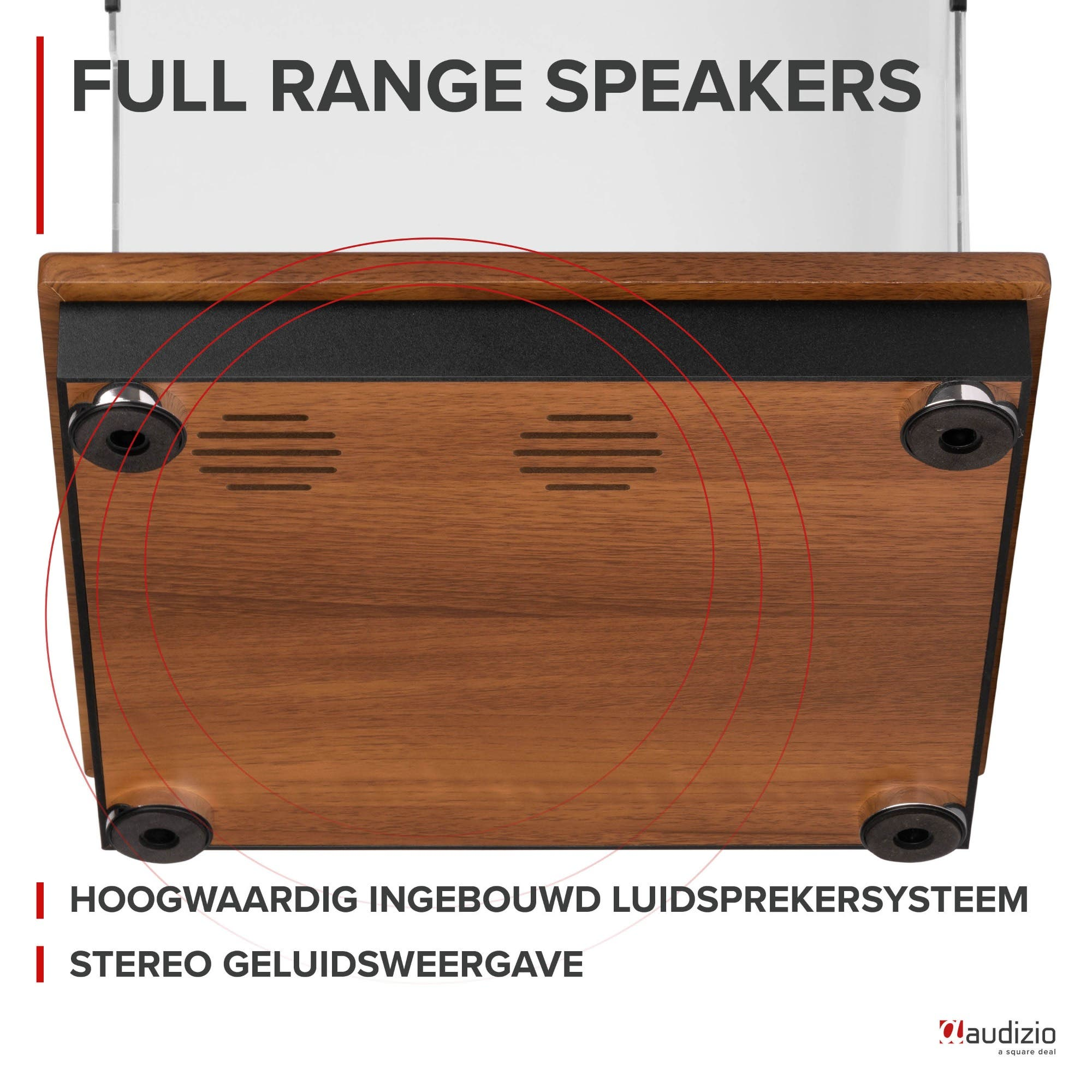 Wooden speaker housing with black feet and air vents.