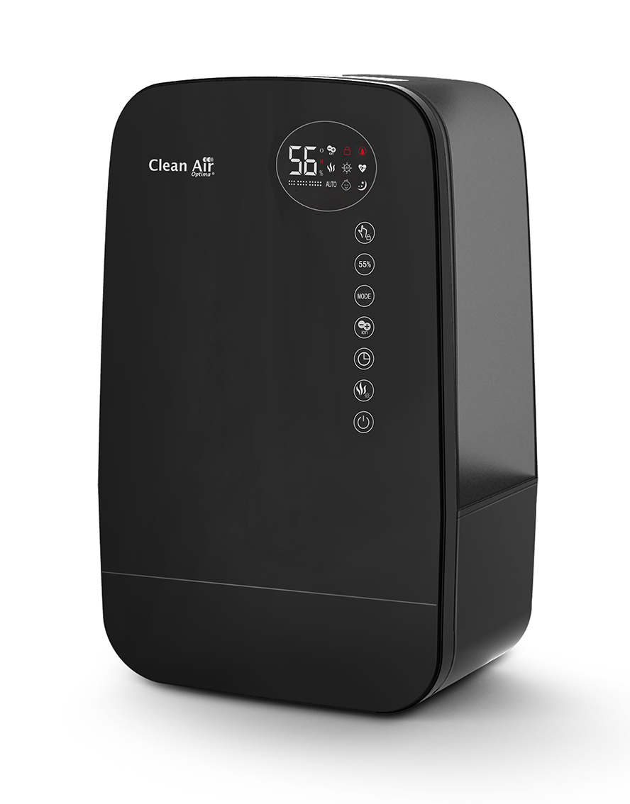 Ein schwarzer Luftbefeuchter von Clean Air Optima mit Digitalanzeige (56%).