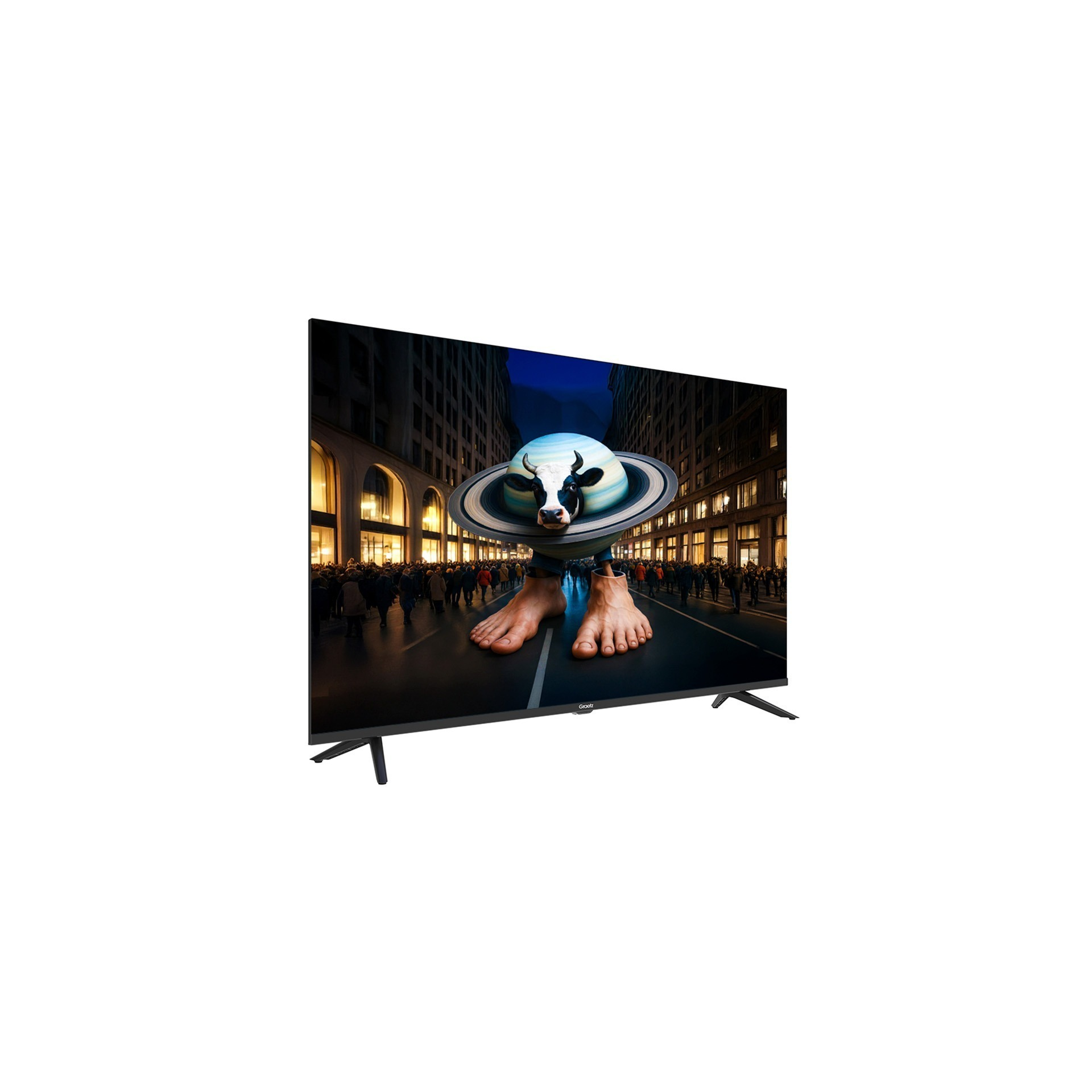 Immagine surreale di una mucca su un anello che emerge da una TV con piedi.