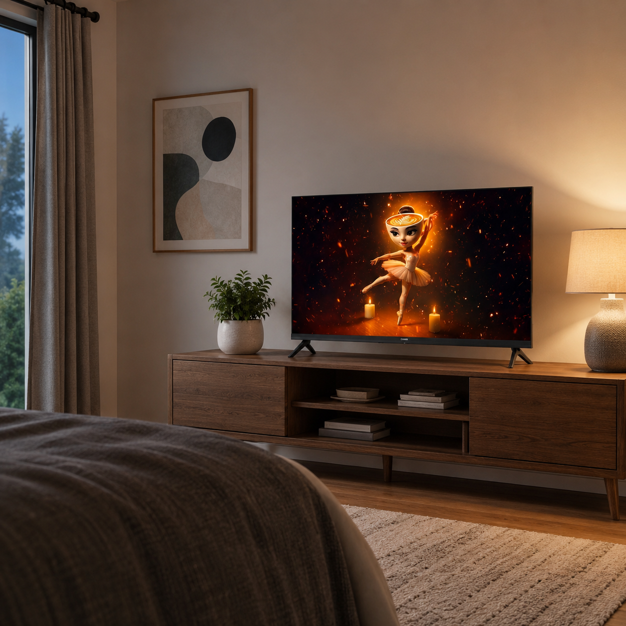 Una ballerina su uno schermo TV, circondata da candele e scintille.