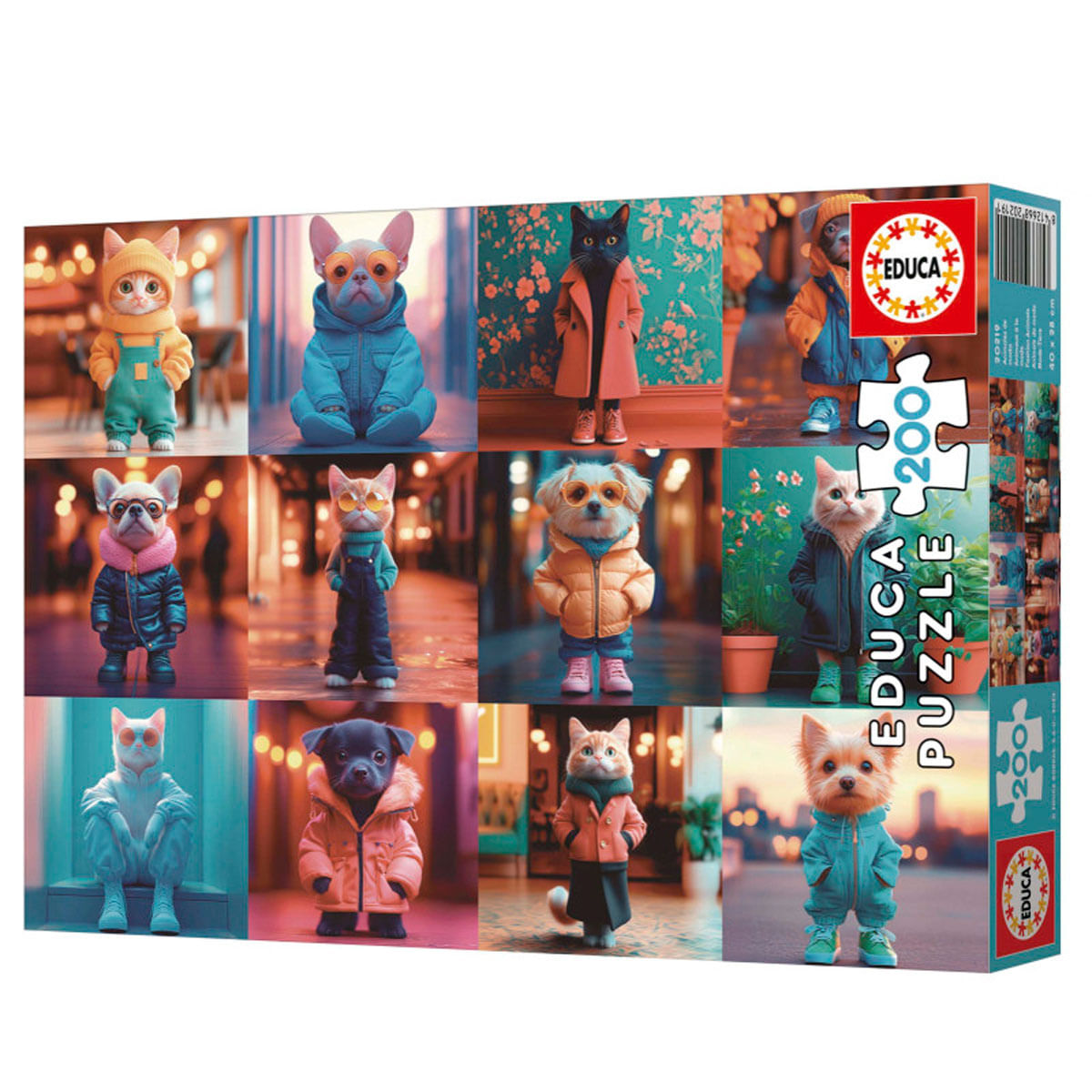 Caja de puzzle con 12 imágenes de animales vestidos, logo de Educa Puzzle.