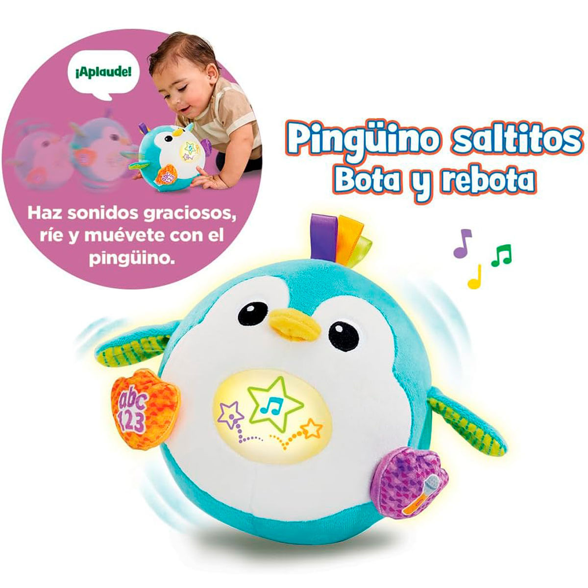 Un pingüino de peluche azul con luces y música, un bebé está cerca.