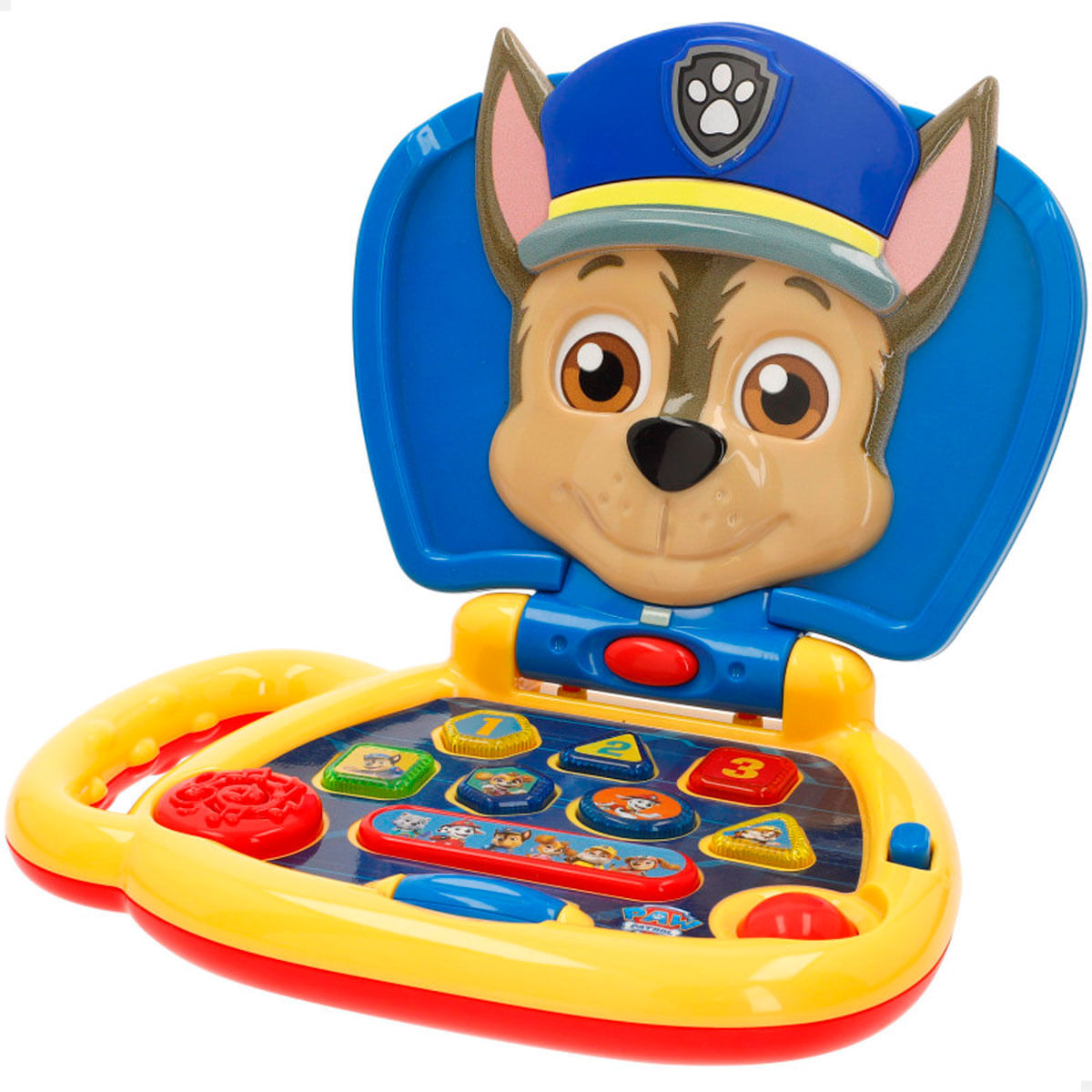 Un colorido portátil de juguete con Chase de Paw Patrol cubriendo la pantalla.