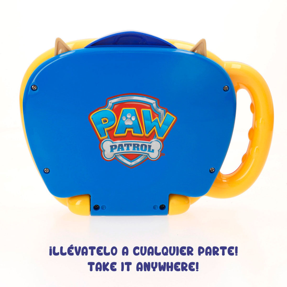 Un portátil azul de Paw Patrol con asa y orejas amarillas.