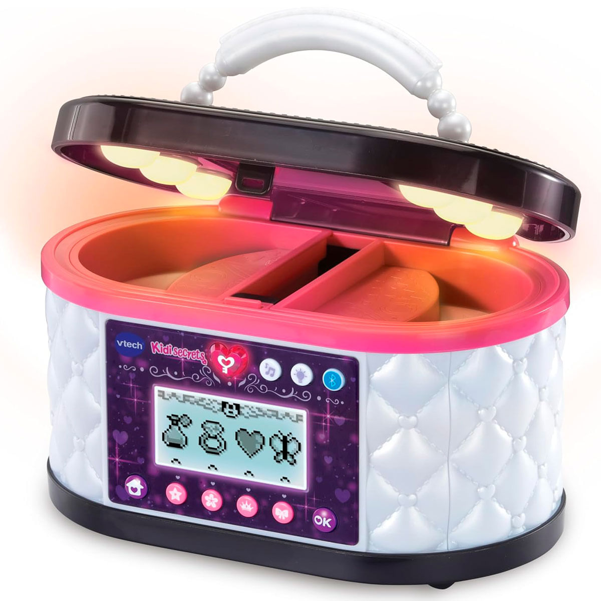 Una caja de joyas abierta rosa y blanca con luces y pantalla.