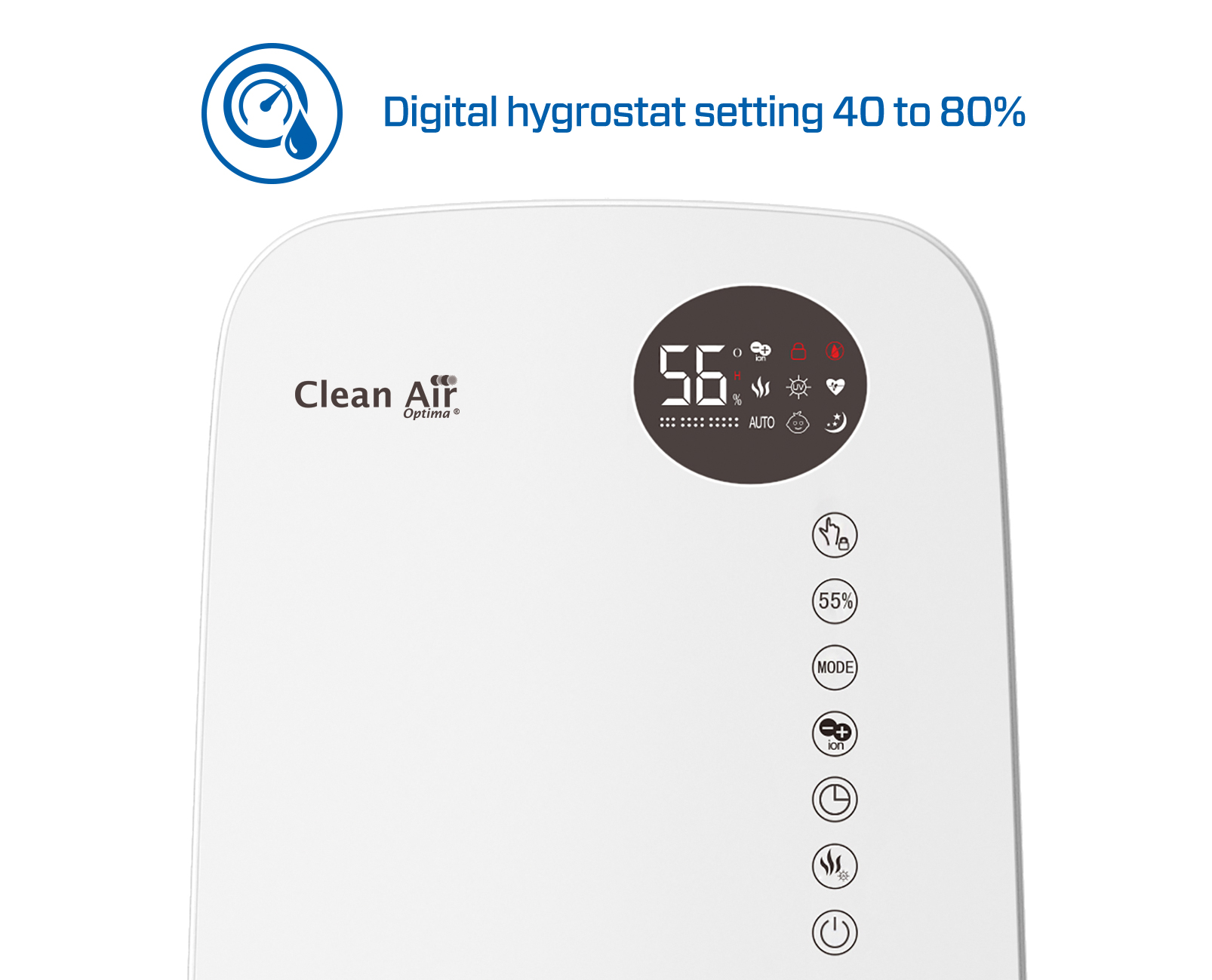 Digitale vochtigheidsregelaar ingesteld op 56%, automatische modus actief.
