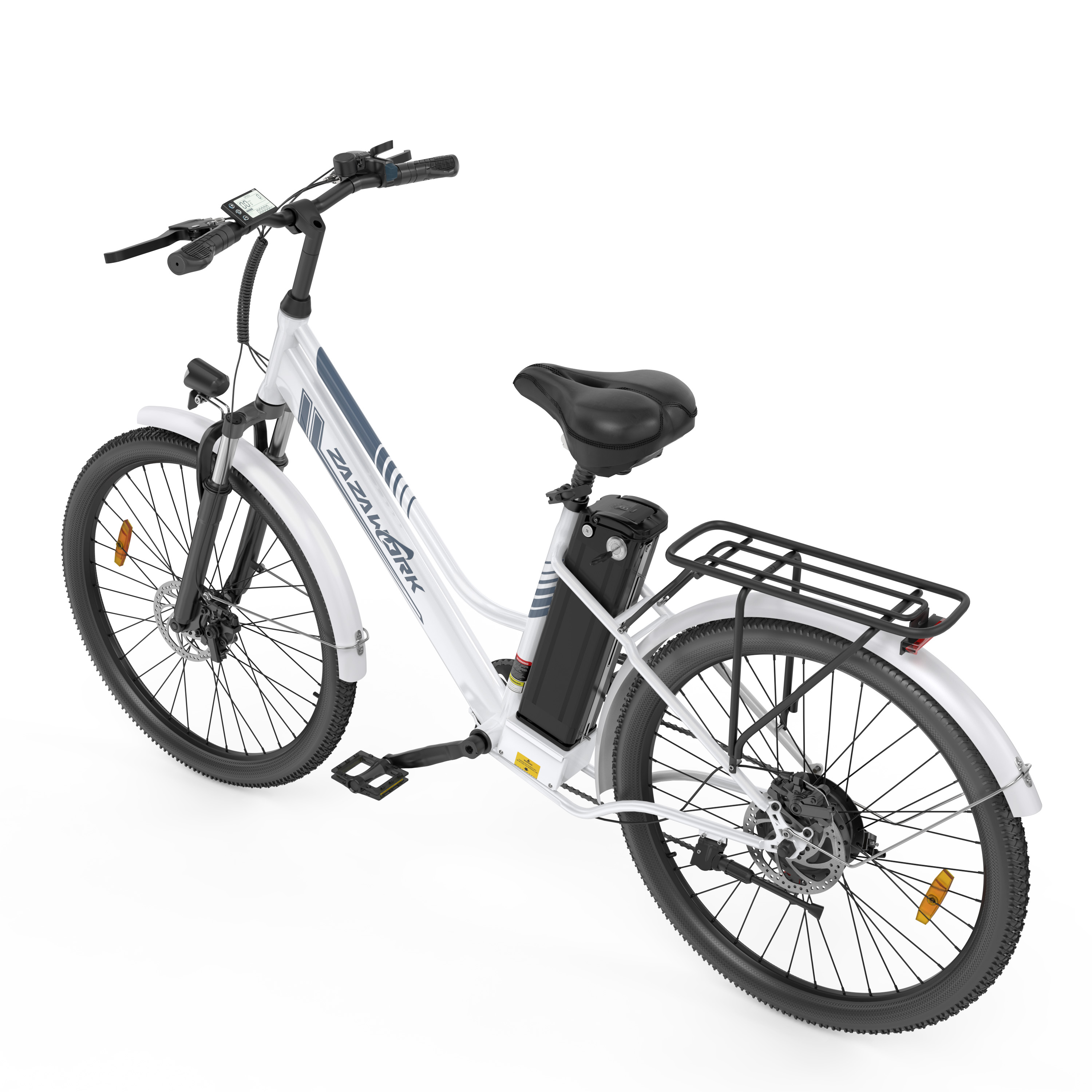 Biały rower elektryczny z czarnym siodełkiem, bagażnikiem i wyświetlaczem.