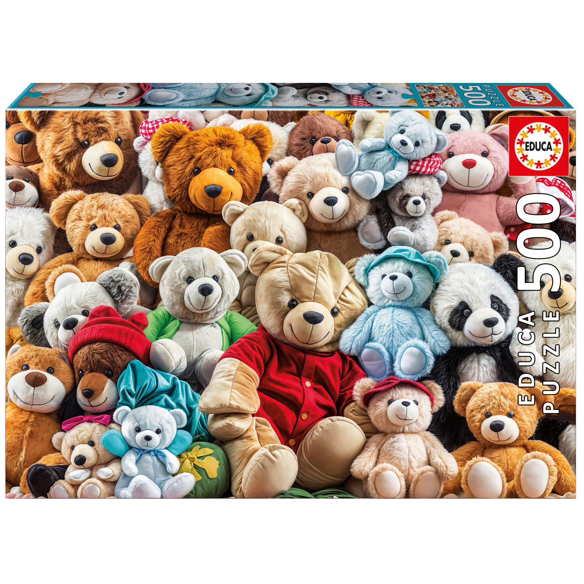 Muchos osos de peluche en varios colores y tamaños, algunos con ropa.