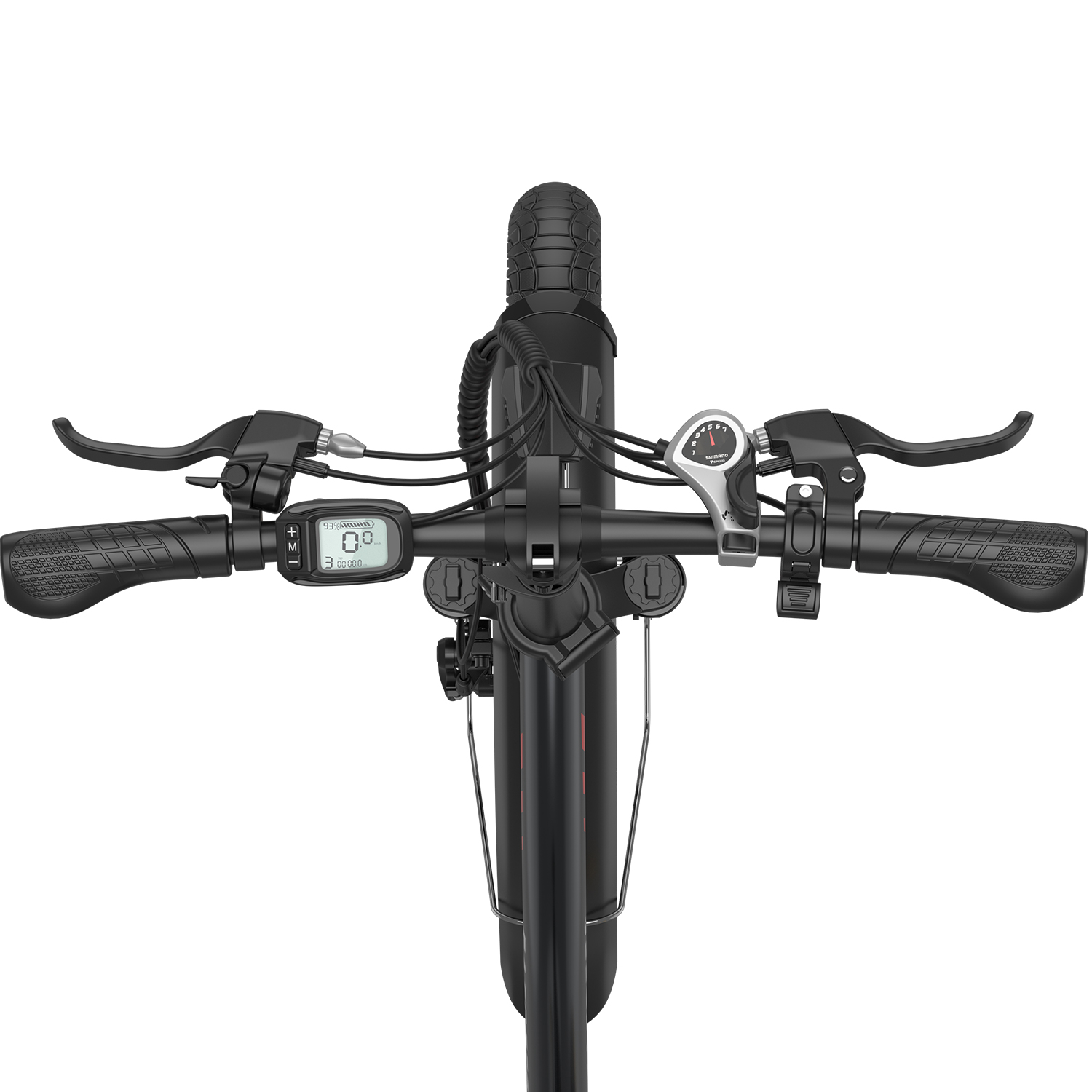 Manillar de un patinete eléctrico negro con pantalla, puños y manetas de freno.