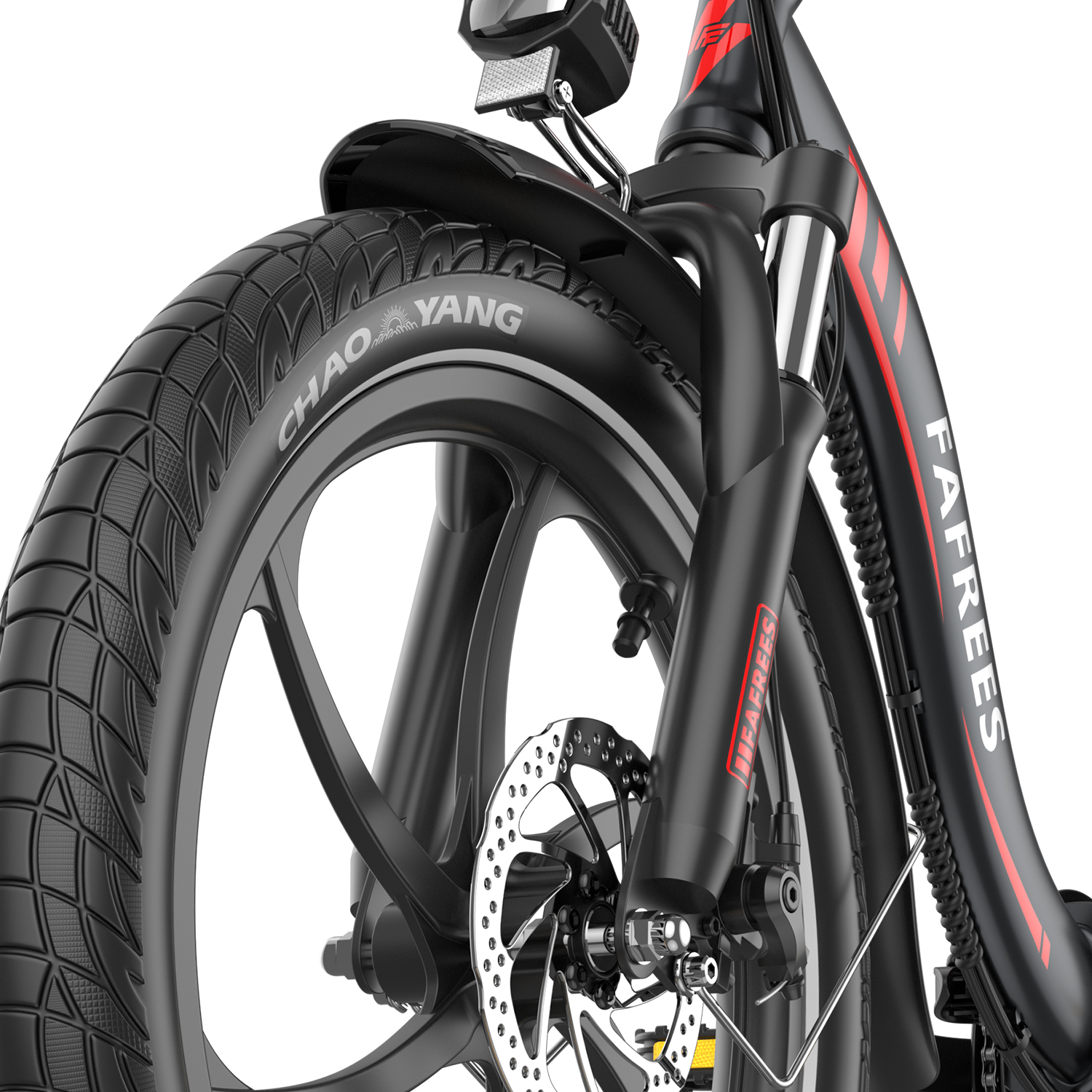 Rueda delantera y horquilla de suspensión de una bicicleta negra con rayas rojas.
