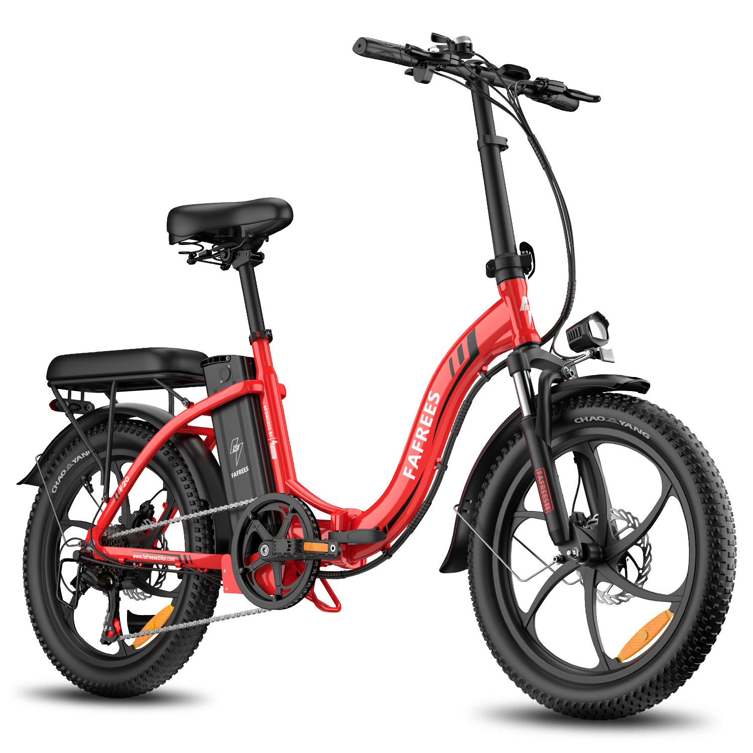 Una bici elettrica pieghevole rossa con pneumatici larghi e sella nera.