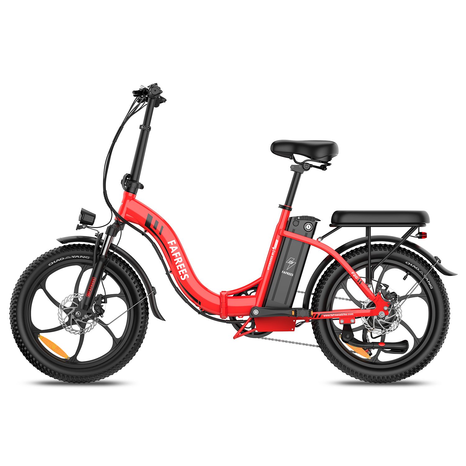 Una bicicletta elettrica pieghevole rossa con pneumatici, sella e manubrio neri. Ha una batteria.