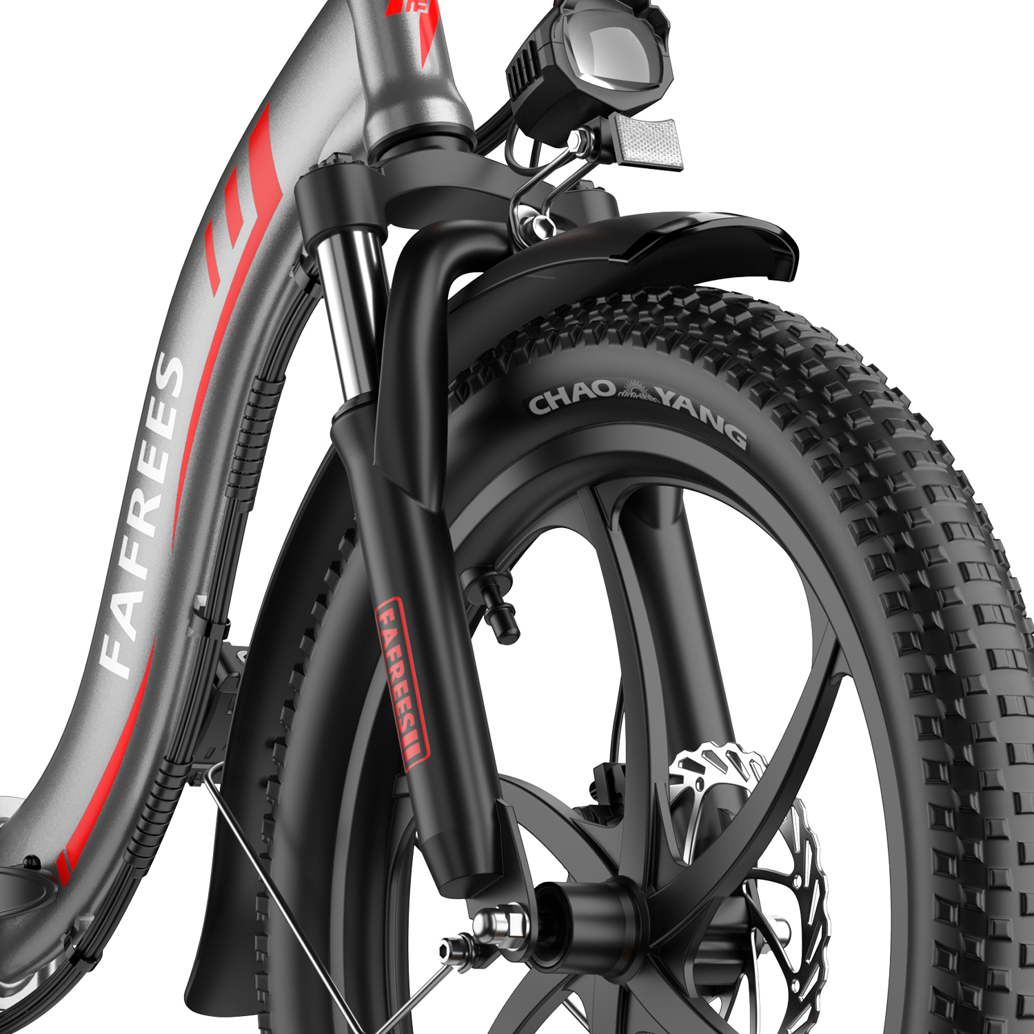Vista frontal de una e-bike gris con neumáticos anchos, horquilla de suspensión y faro.