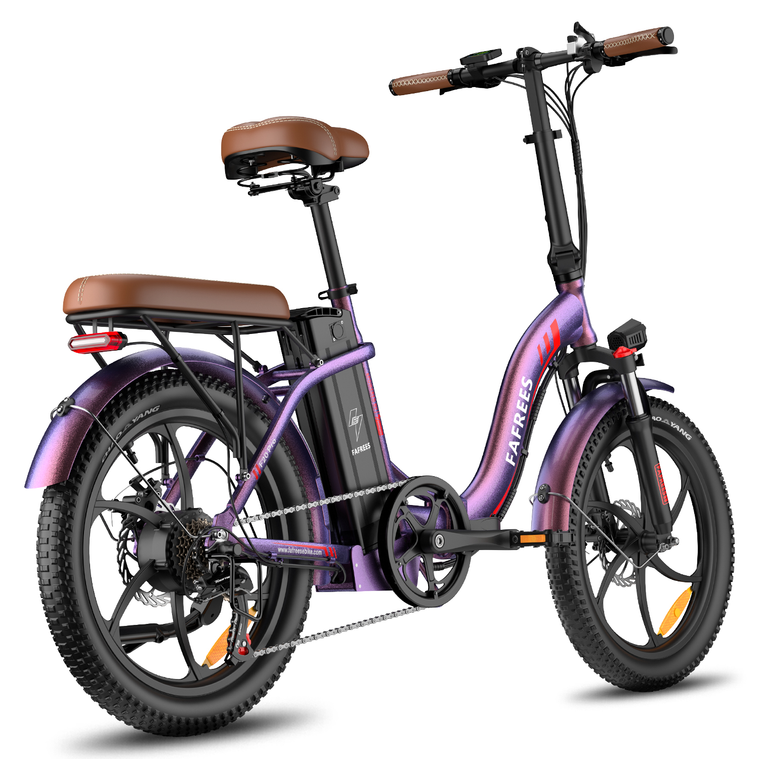 Bicicleta eléctrica plegable morada con asientos y ruedas de cuero marrón.