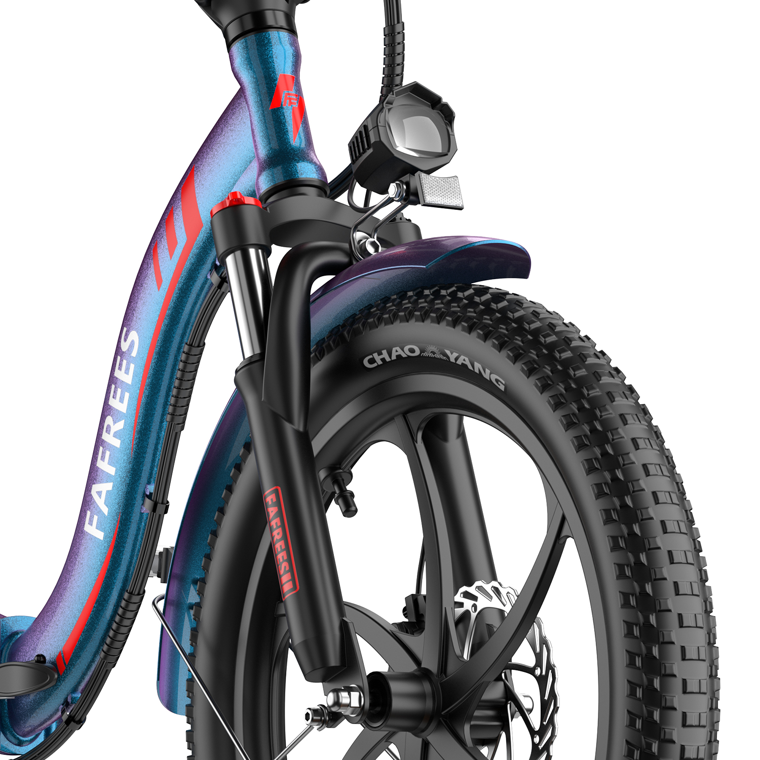 Bicicleta eléctrica azul con rayas rojas y neumático ancho, faro.