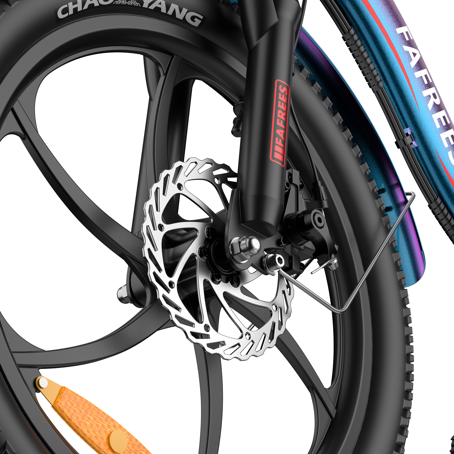 Primer plano de la rueda delantera, freno de disco y horquilla de una bicicleta. El cuadro tiene un acabado iridiscente azul y morado.