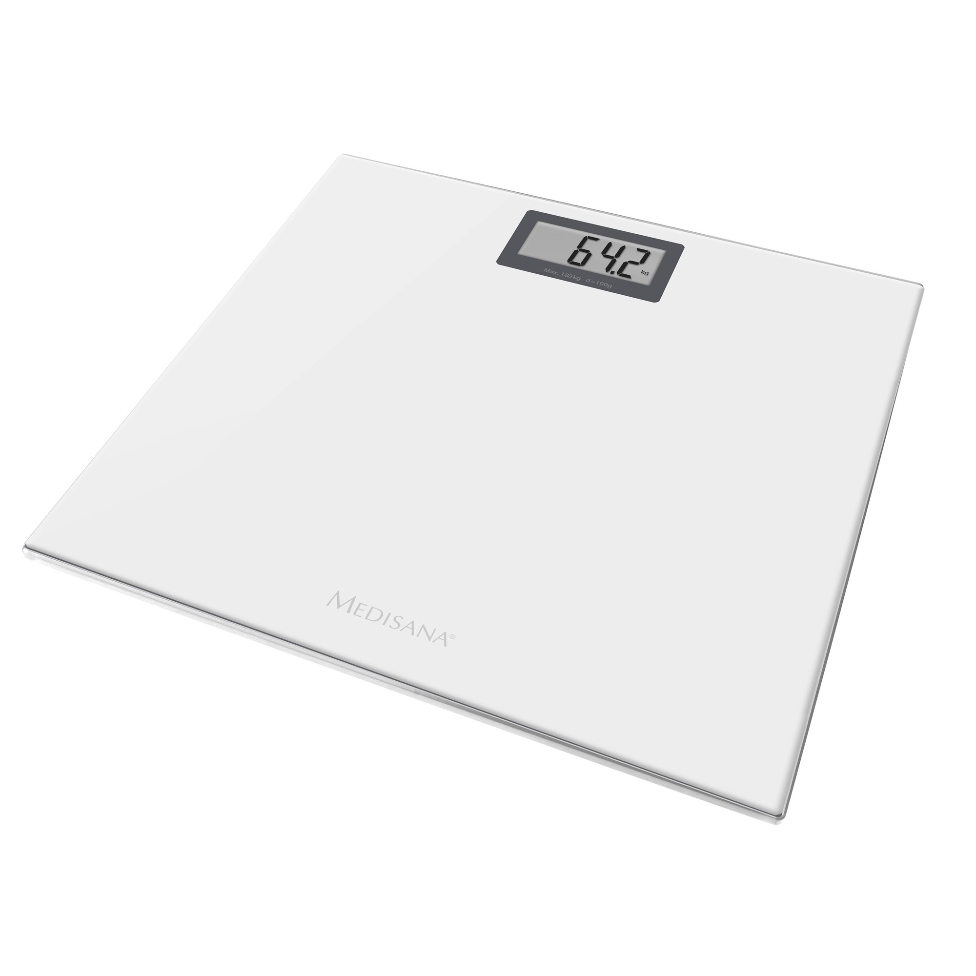 Bilancia in vetro bianca con display digitale di 64,2 kg.