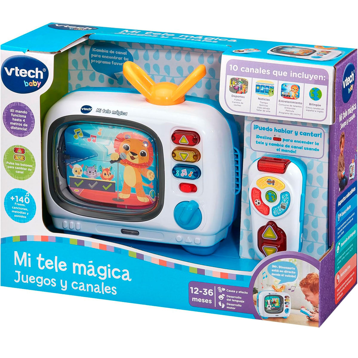 Juguete VTech Baby TV con mando, león cantando, botones y pantalla coloridos.