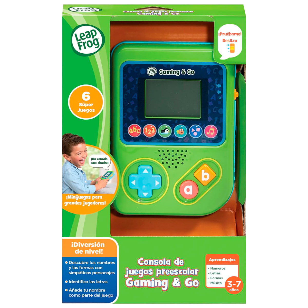Juguete verde Leap Frog con botones, pantalla y altavoces.