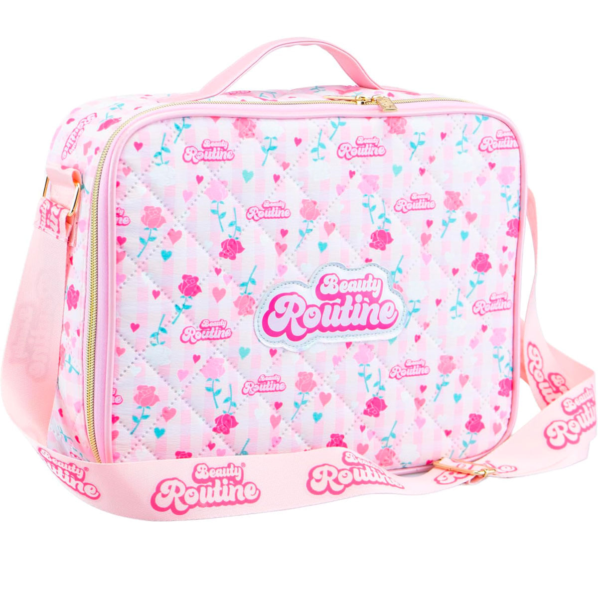 Una bolsa de cosméticos acolchada rosa con estampado floral y correa.